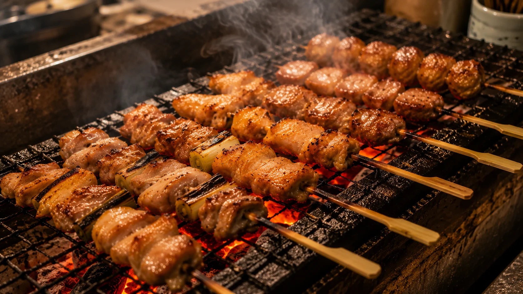 炭火の上で香ばしく焼き上がる、若の焼鳥
