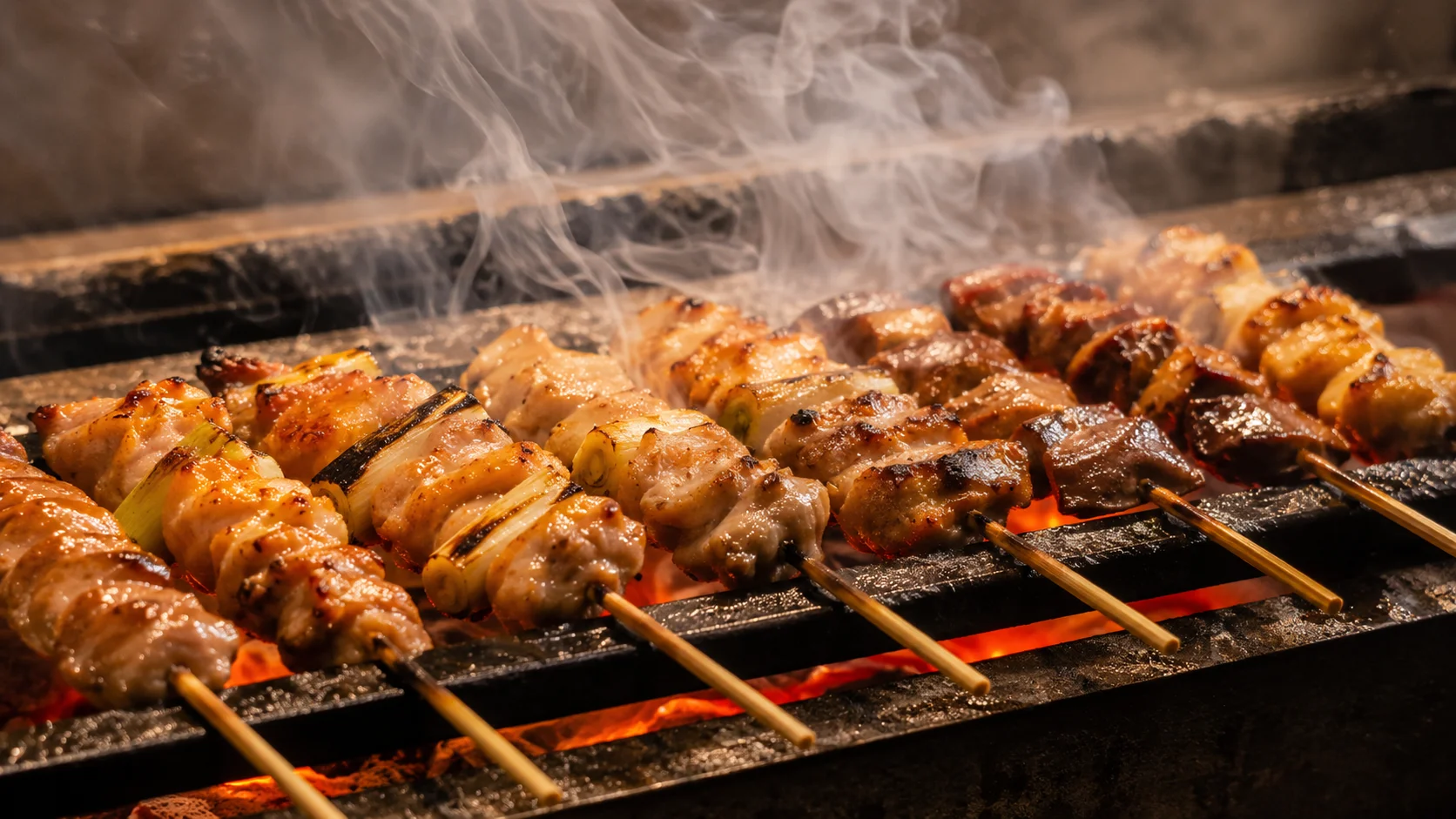炭火の上で焼き上げる串の数々